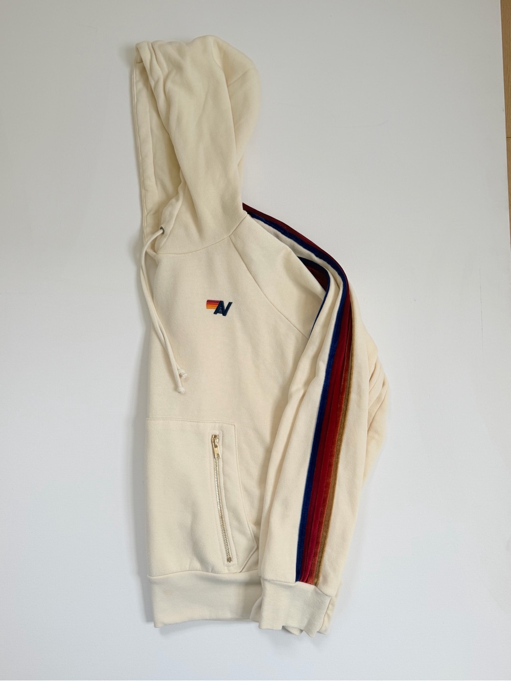 Aviator Nation Cream Hoodie with velvet Stripe Sleeve - RARE 🌈 MEDIUM - Picture 8 of 16